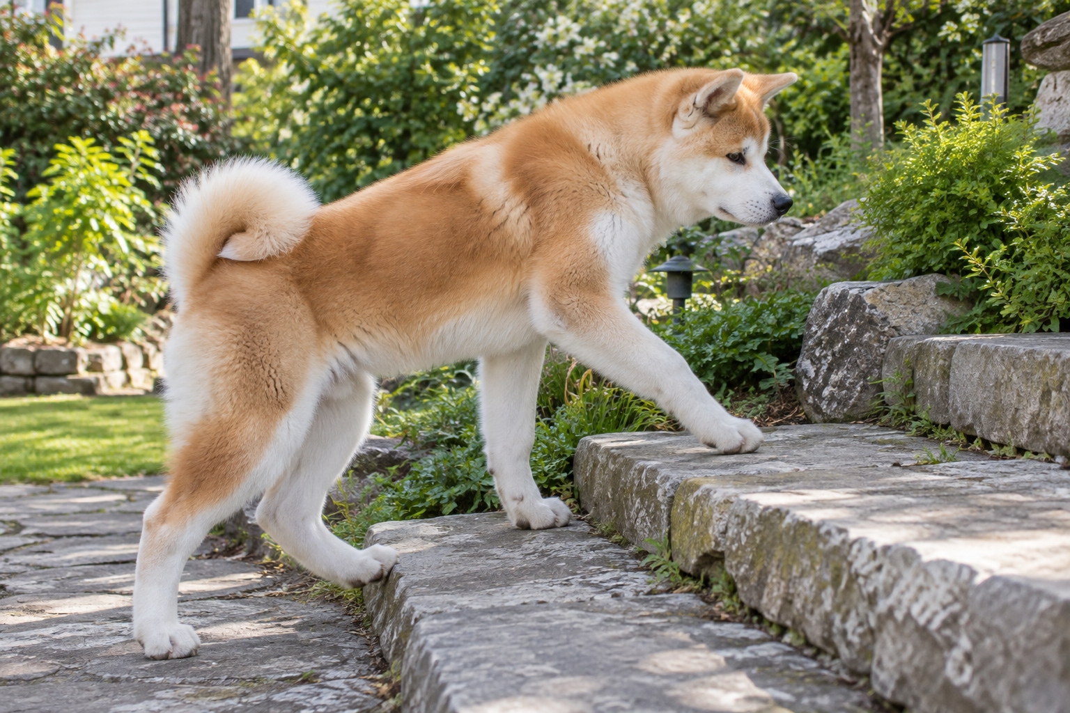 Dospievajúca akita pri prirodzenom pohybe na nízkych schodoch